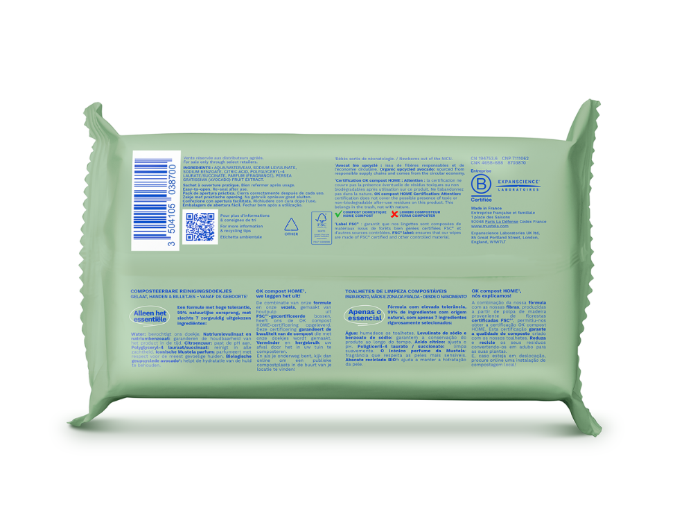 Mustela Compostable Wipes, back of the pack