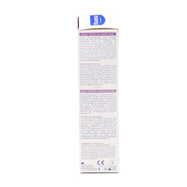 Mustela Diaper Rash Spray, box panel with text in Dutch and German
