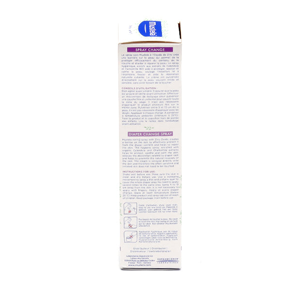 Mustela Diaper Rash Spray, box panel with text in French and English and usage pictograms