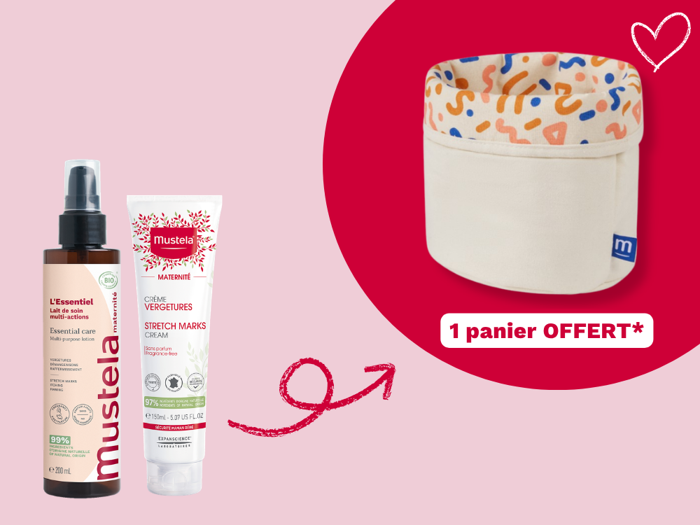 Mustela Multi-Action Milk, bottle and stretch marks cream with a gift basket offer in French