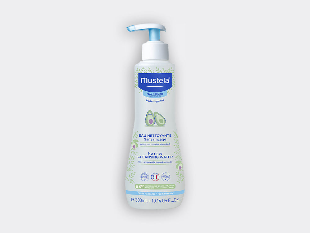 Mustela No-Rinse Cleansing Water 300ml, front of the pump bottle