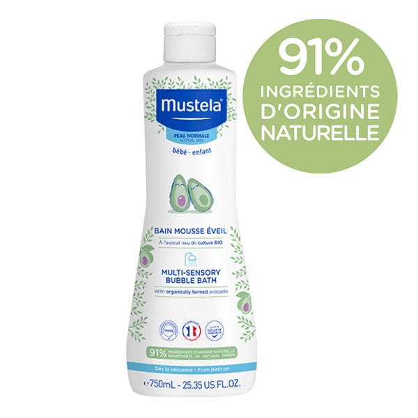 Mustela Foaming Bath 750ml, front of the bottle with a natural origin badge in French