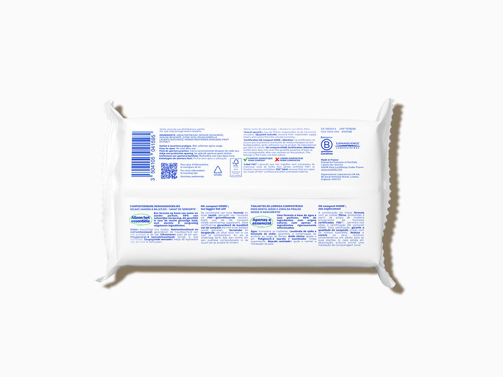 Mustela Water Cleansing Wipes, back of the pack