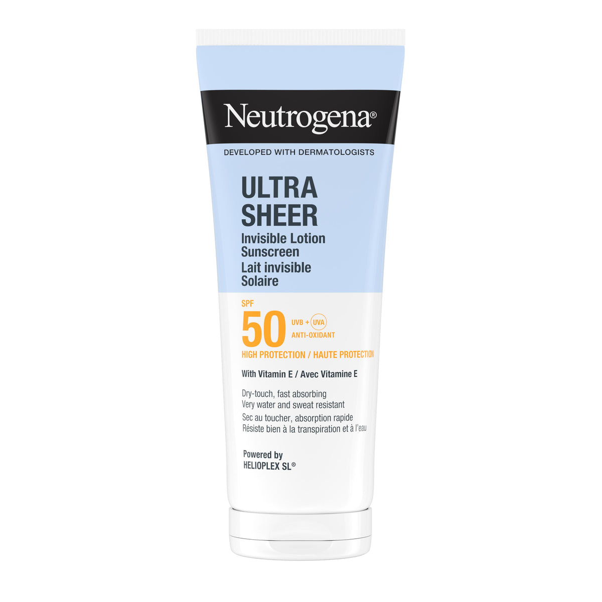 Neutrogena Ultra Sheer Invisible Sunscreen Lotion SPF 50 200ml, front of the tube
