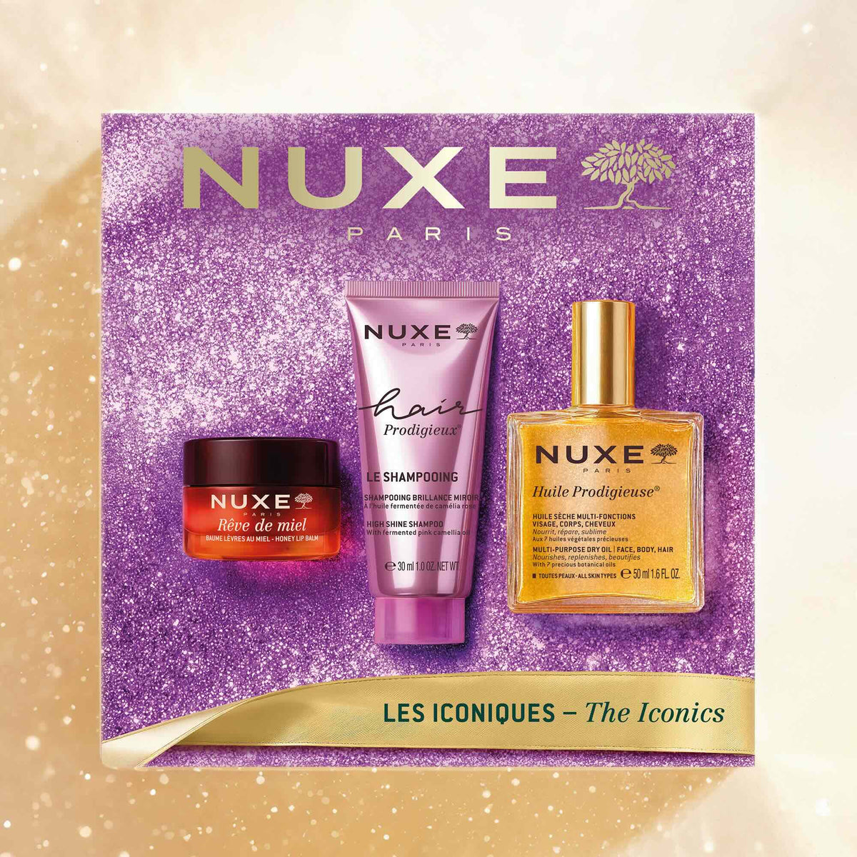 NUXE The Iconics, purple glitter box on a golden background