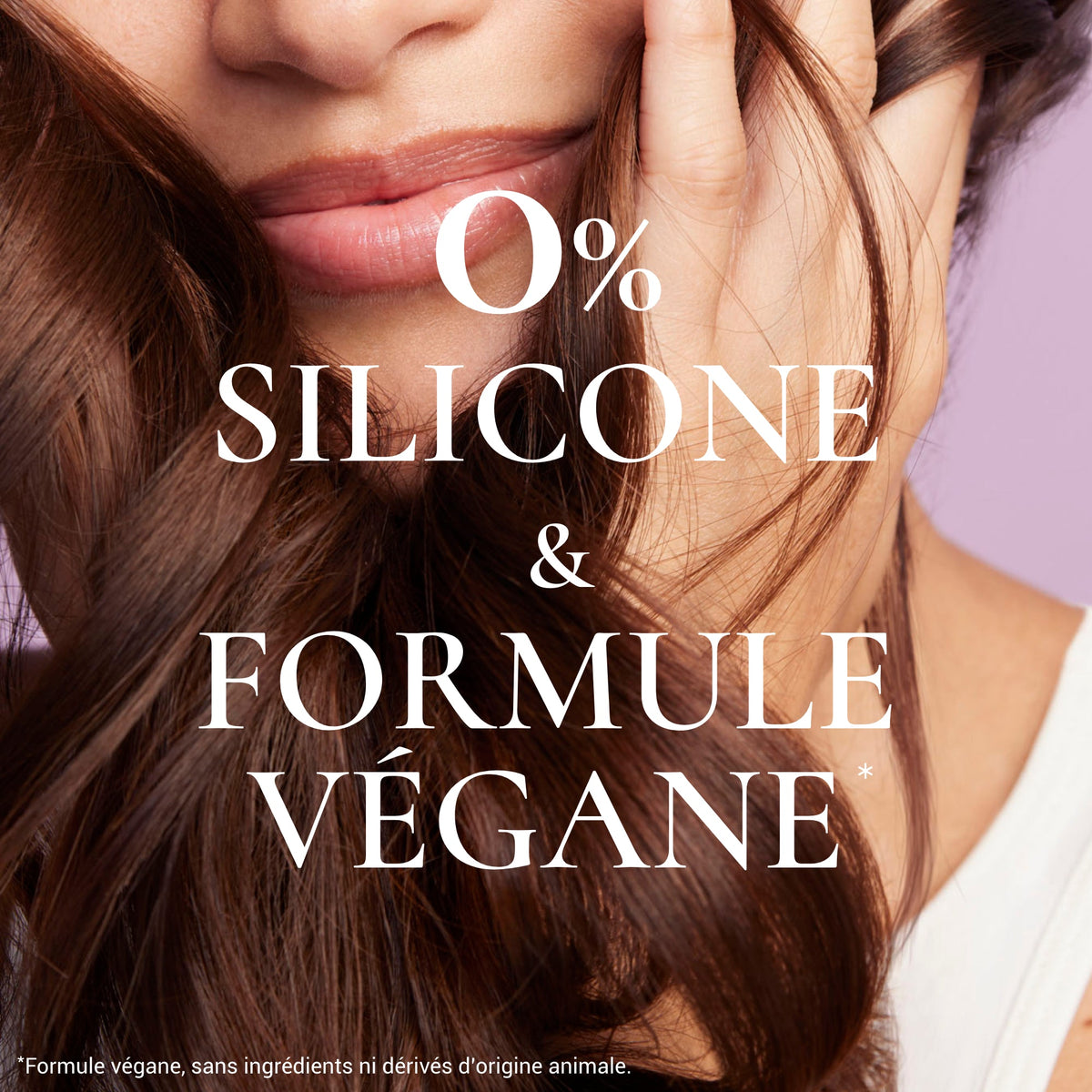 NUXE Hair Prodigieux, woman with long brown hair and formula claims in French