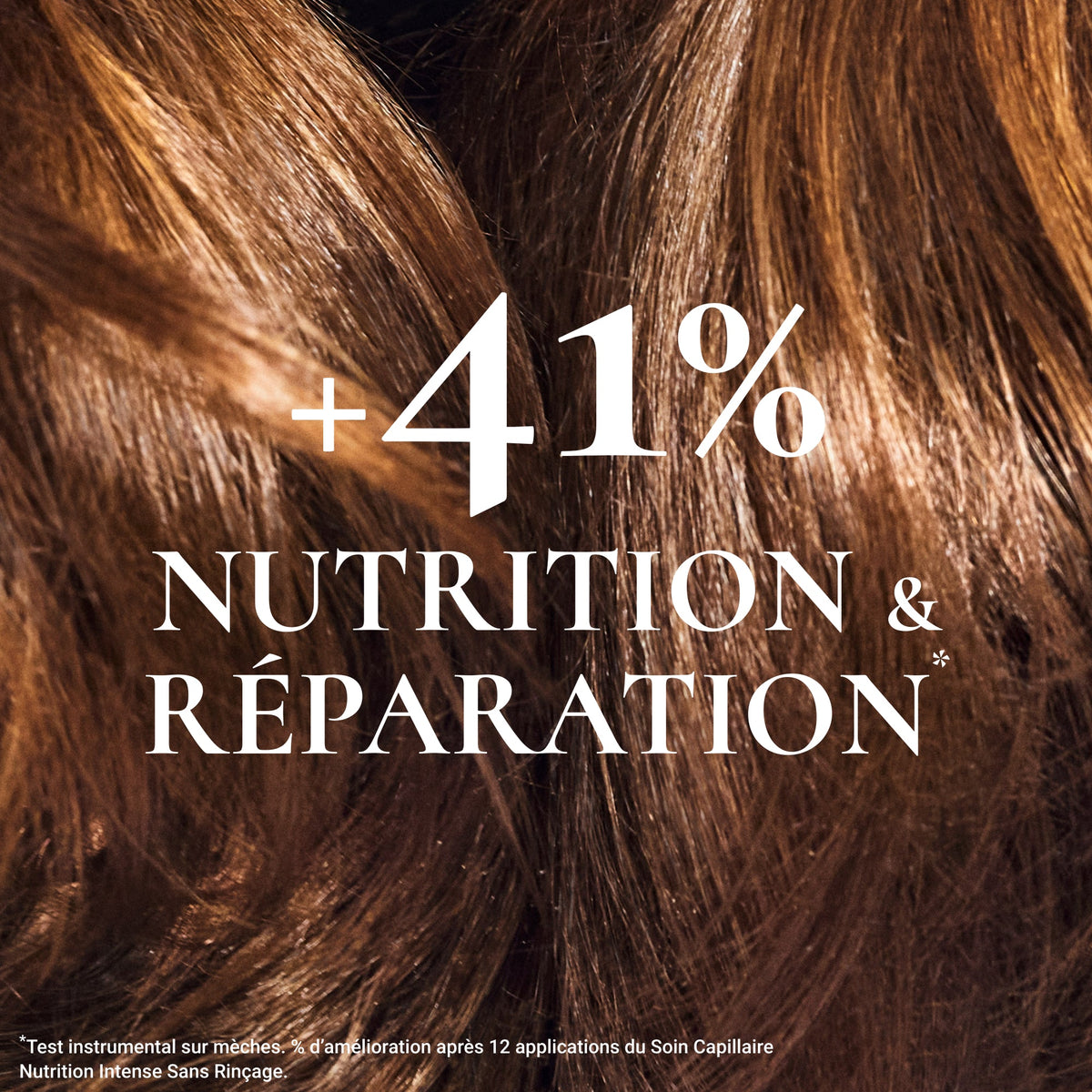 NUXE Hair Prodigieux, close-up of brown hair with study results in French