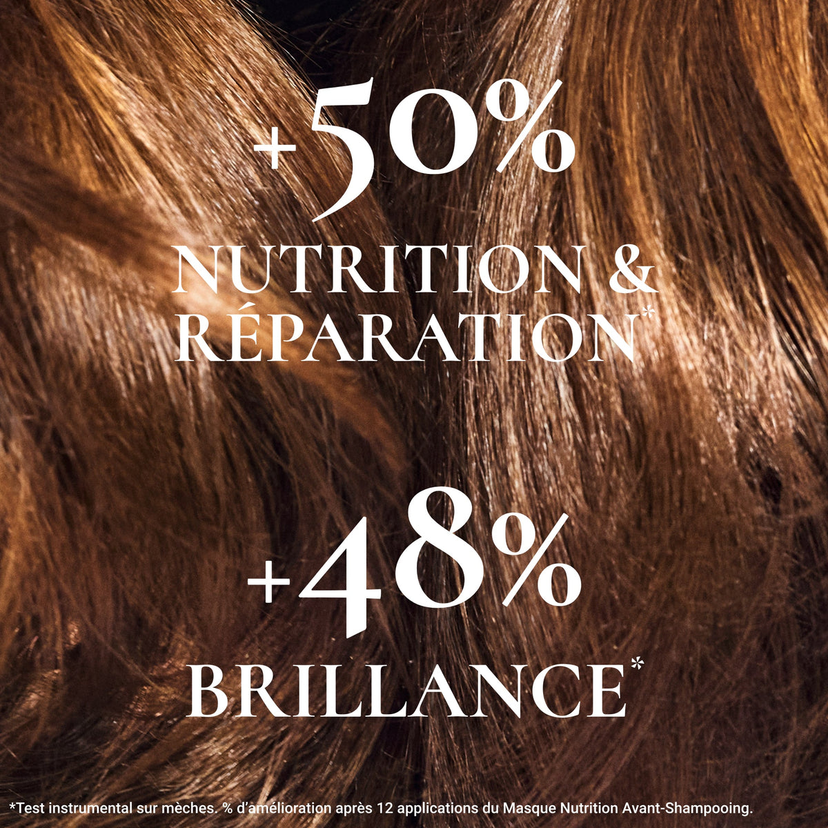 NUXE Hair Prodigieux, close-up of brown hair with study results in French