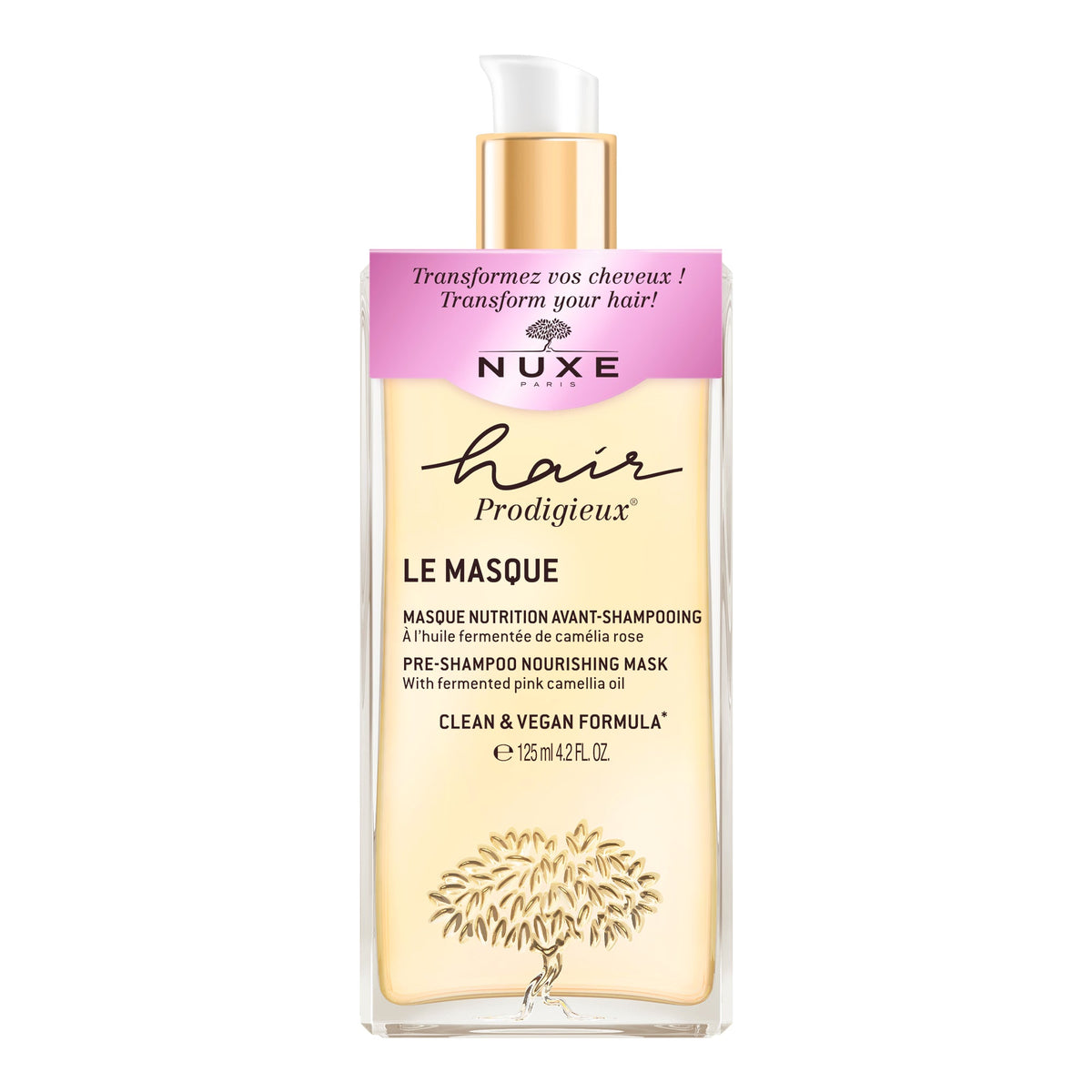 NUXE Hair Prodigieux 125ml, front of the pump bottle with a pink banner