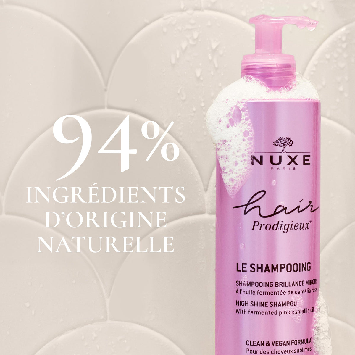 NUXE Hair Prodigieux, pump bottle topped with foam, text in French