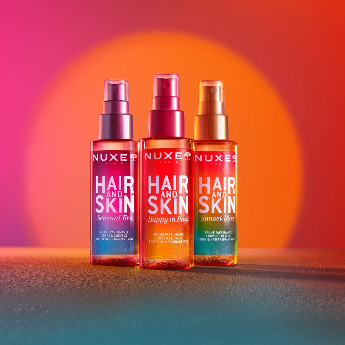 NUXE Happy In Pink, range of three Hair and Skin mists with Sensual Era and Sunset Bliss