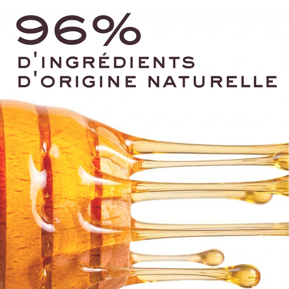 NUXE Honey Lip Balm, wooden dipper with golden drips, text in French