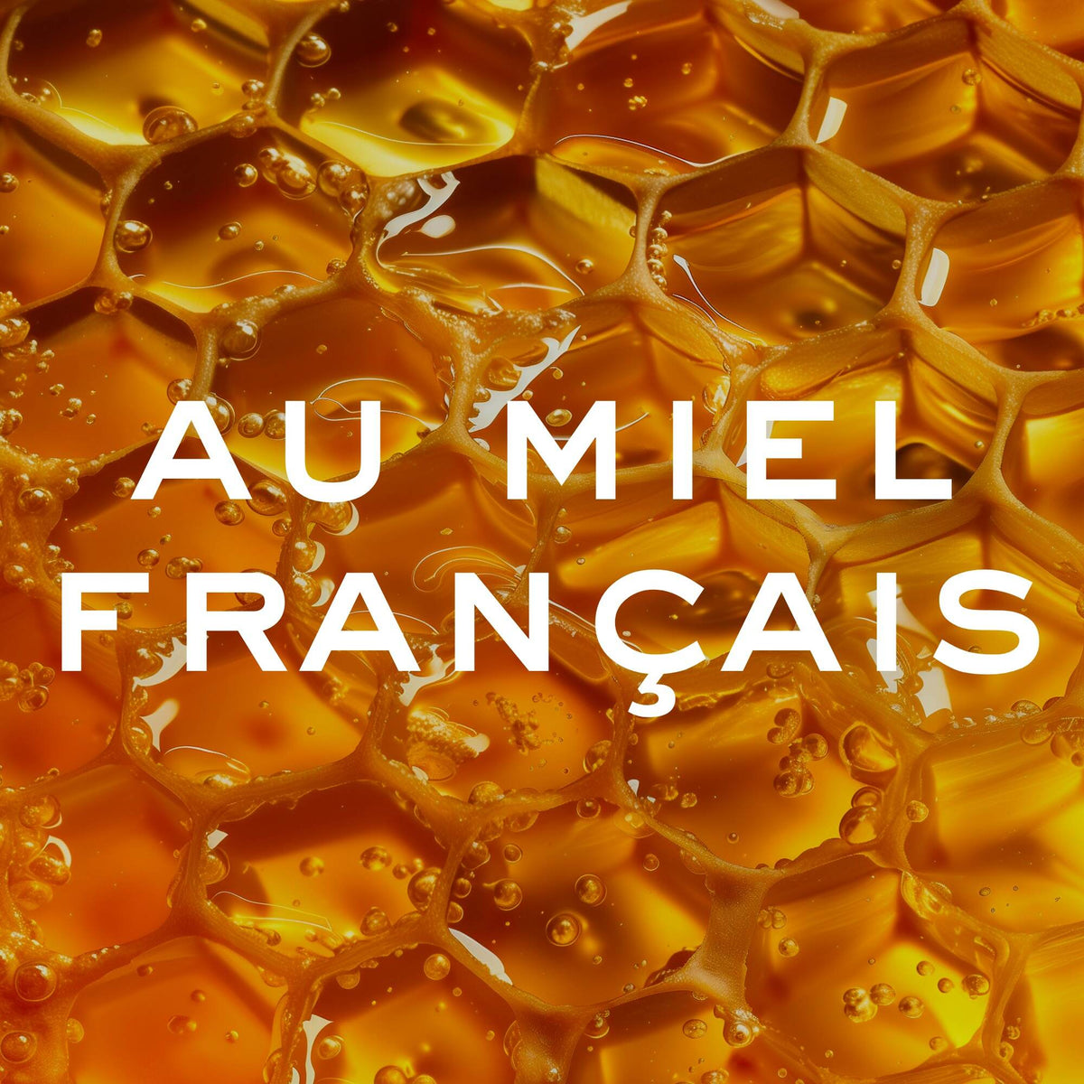 NUXE Honey Lip Balm, close-up of honeycomb, text in French