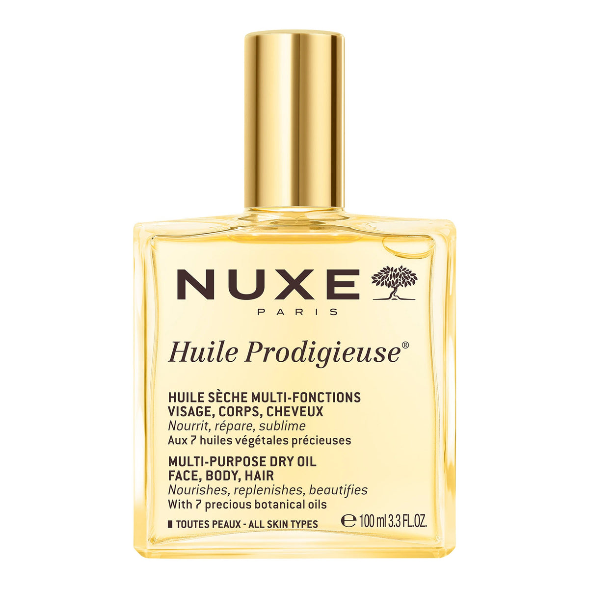 NUXE Huile Prodigieuse Multi-Function Dry Oil Face Body Hair 100ml, front of the glass bottle