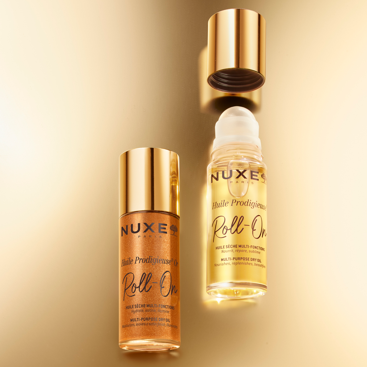 NUXE Huile Prodigieuse Gold Roll-On, Gold and classic roll-ons with a floating cap