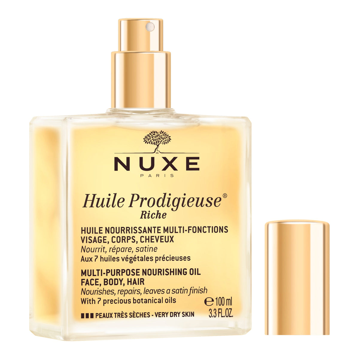 NUXE Huile Prodigieuse Riche 100ml, front of the spray bottle with the cap off