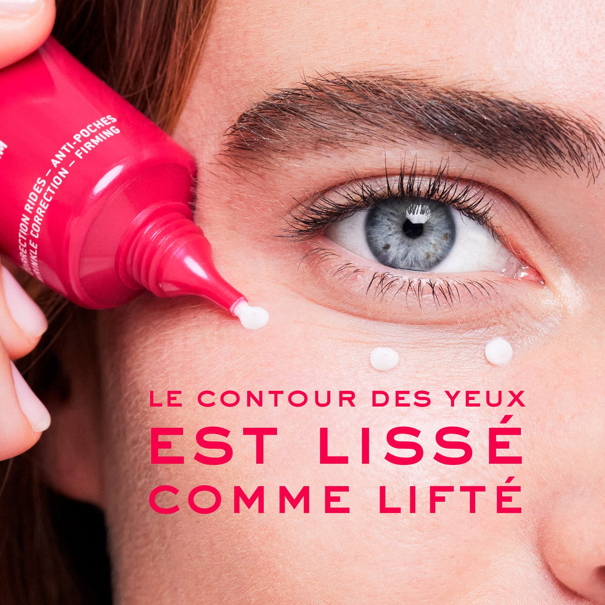 NUXE Merveillance Lift, dots of cream under the eye with the tube, text in French