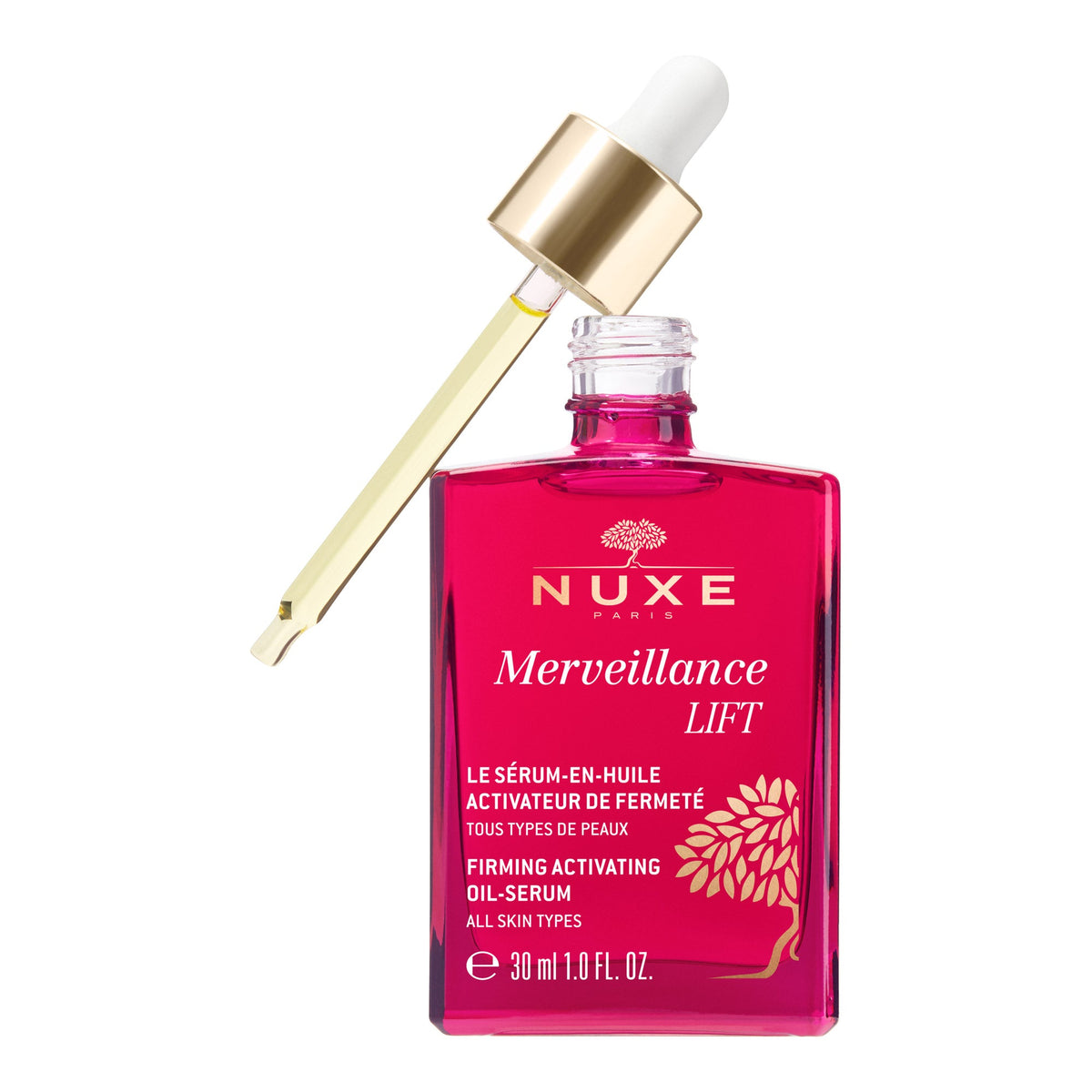 NUXE Merveillance Lift 30ml, front of the glass bottle with the dropper out