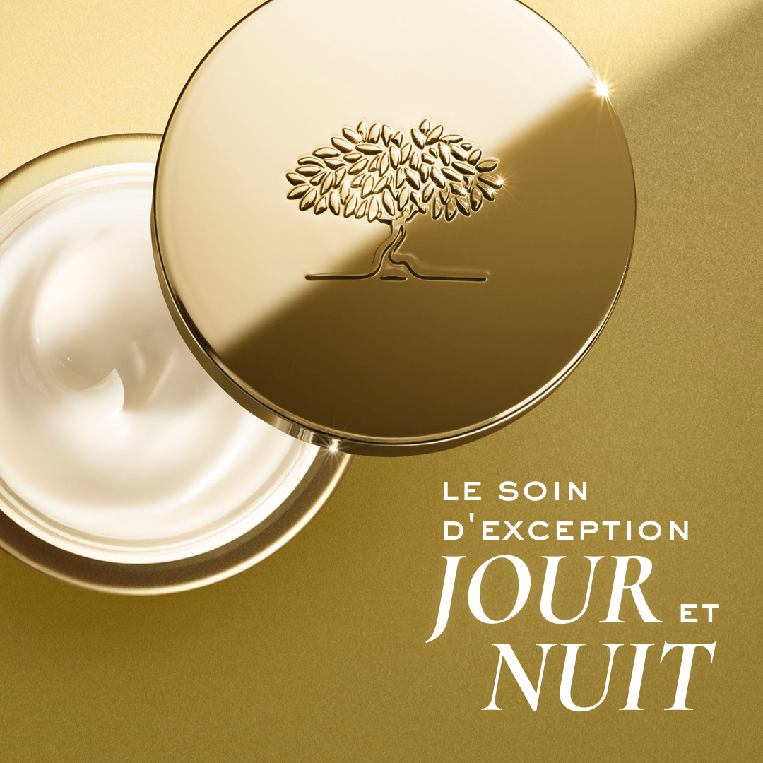 NUXE Nuxuriance Ultra, open jar beside its gold lid, text in French