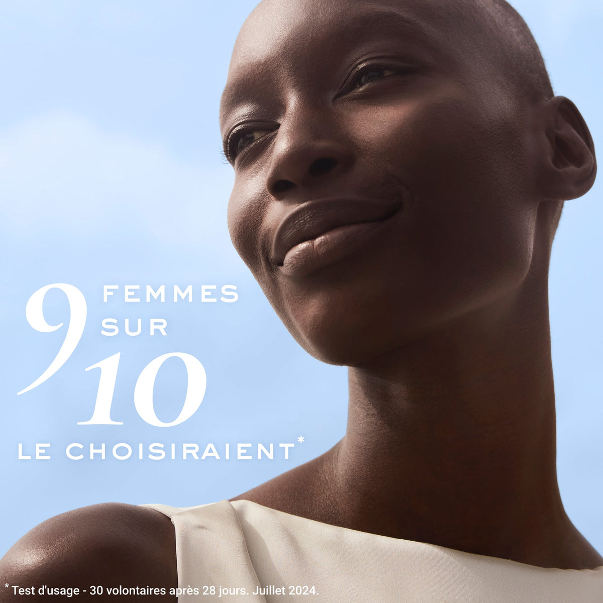 NUXE Nuxuriance Ultra, smiling woman against a blue sky, study results in French