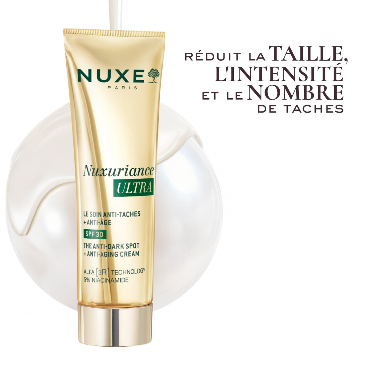 NUXE Nuxuriance Ultra, tube against a large pearl with product benefits in French