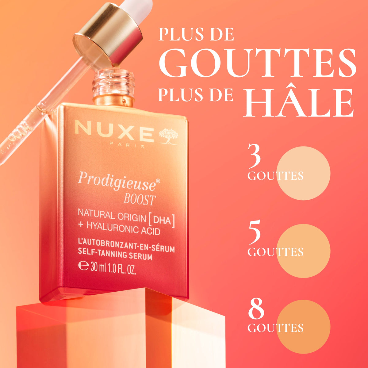 NUXE Prodigieuse Boost, bottle with a three-shade drop guide in French