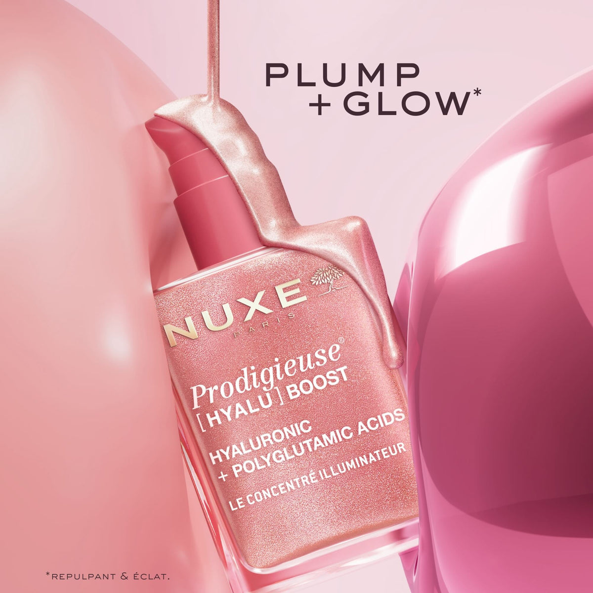 NUXE Prodigieuse Hyalu Boost, pump bottle with shimmering drips and Plump + Glow text