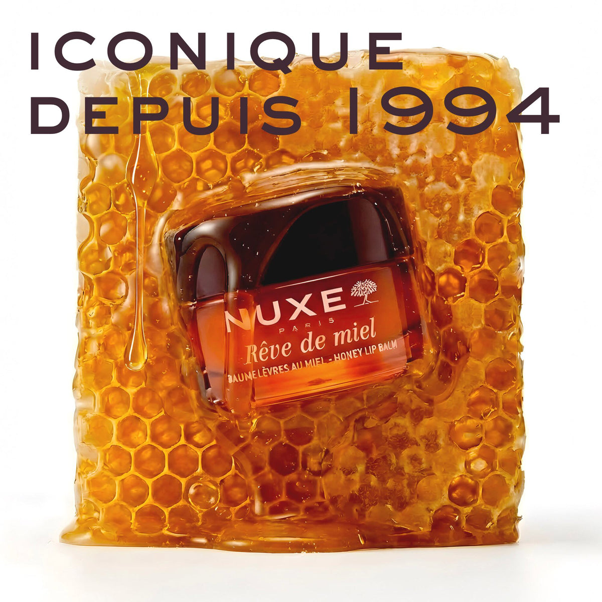 NUXE Rêve de Miel, jar set in a honeycomb, text in French
