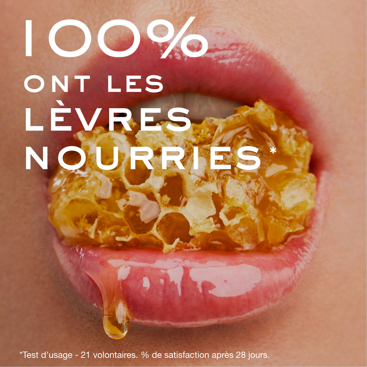NUXE Rêve de Miel, lips holding a piece of honeycomb with study results in French