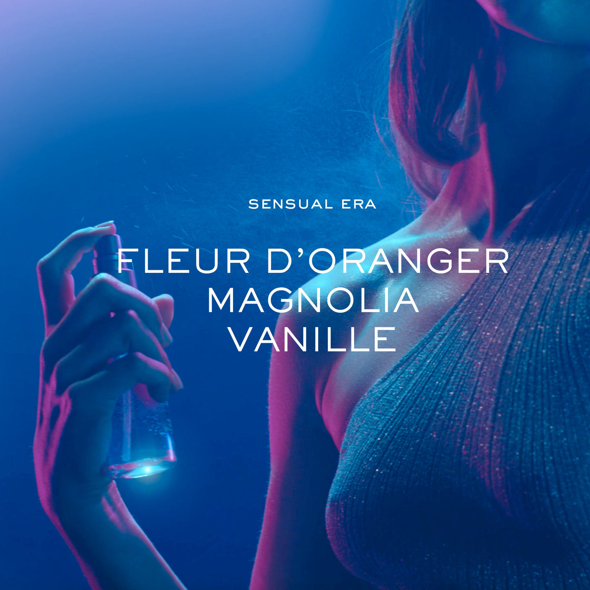 NUXE Hair and Skin Sensual Era, woman spraying the mist, notes of orange blossom, magnolia and vanilla