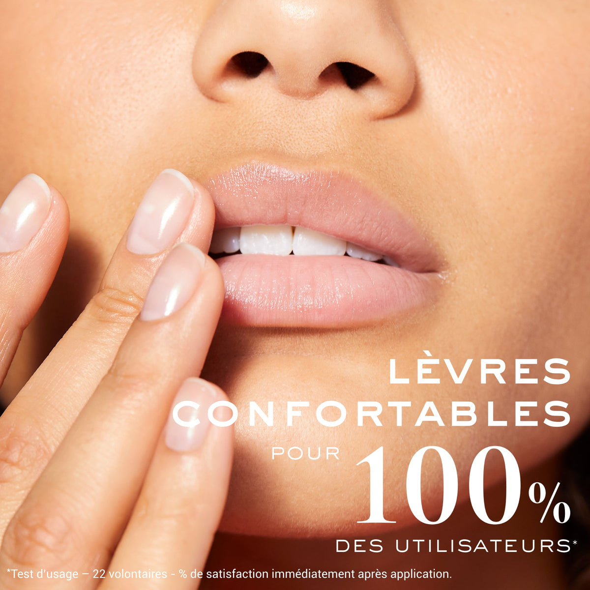 NUXE Sweet Lemon, fingertips touching the lips with study results in French
