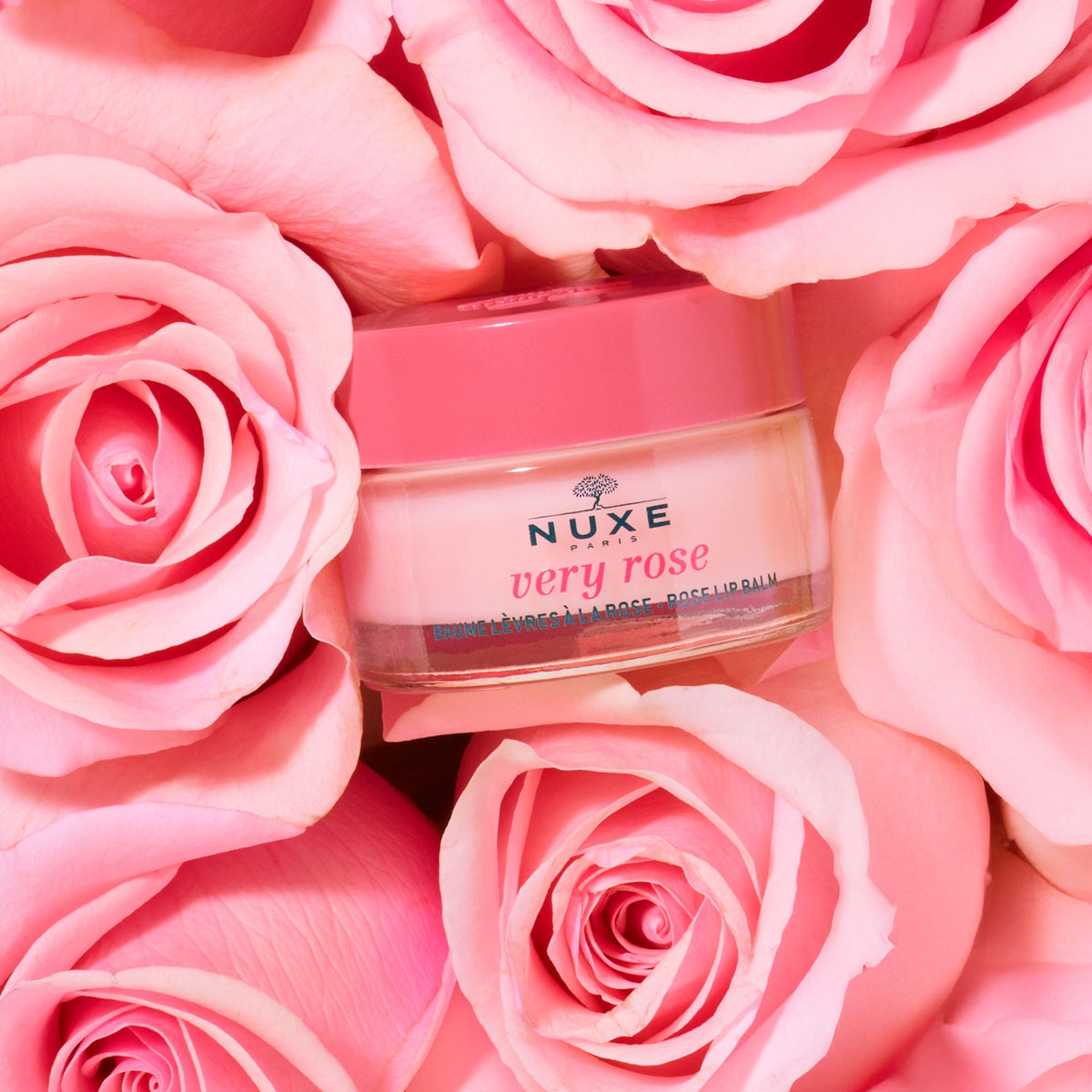 NUXE Very Rose, jar on a bed of pink roses