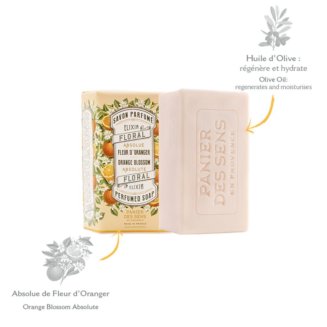Panier des Sens Orange Blossom, bar and box with key ingredients: olive oil and orange blossom absolute