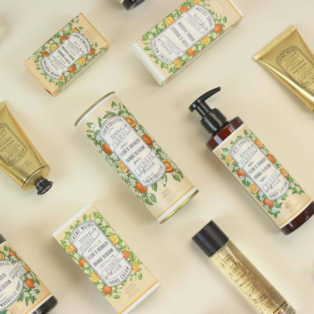 Panier des Sens Orange Blossom, flat lay of soaps, hand creams and bottles from the range