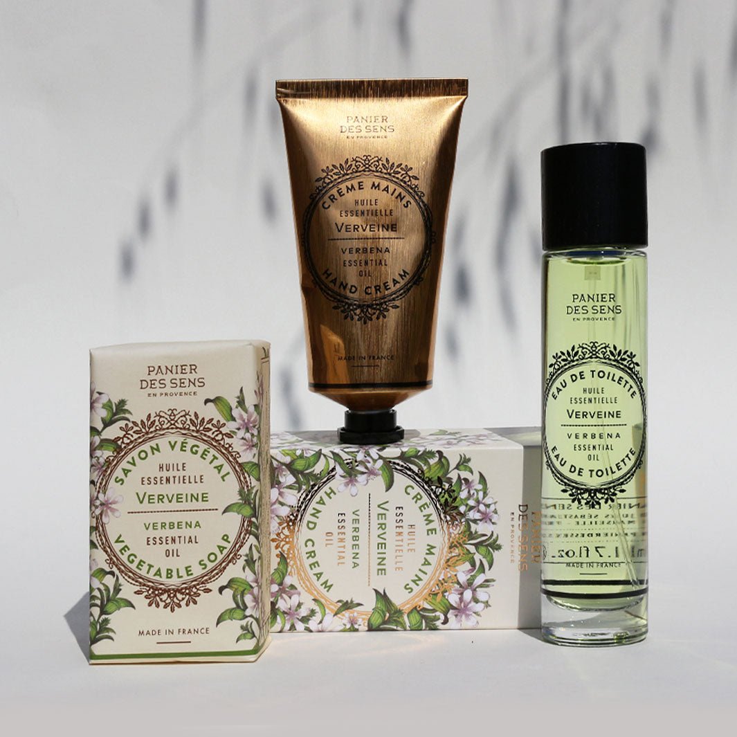 Panier des Sens Verbena, hand cream tube with the soap and fragrance spray from the range