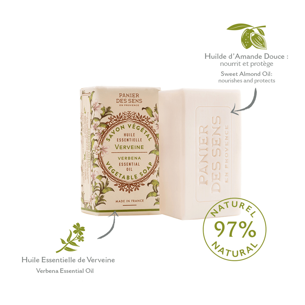Panier des Sens Verbena, bar and box with key ingredients: sweet almond oil and verbena essential oil