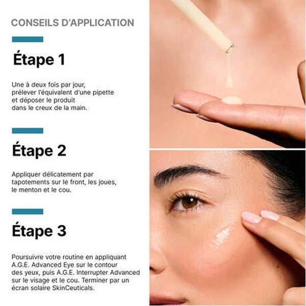 SkinCeuticals A.G.E. Interrupter Ultra, three-step directions in French with dropper and face photos