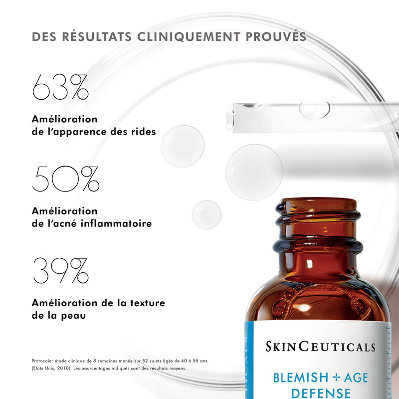 SkinCeuticals Blemish + Age Defense, glass bottle with study results in French