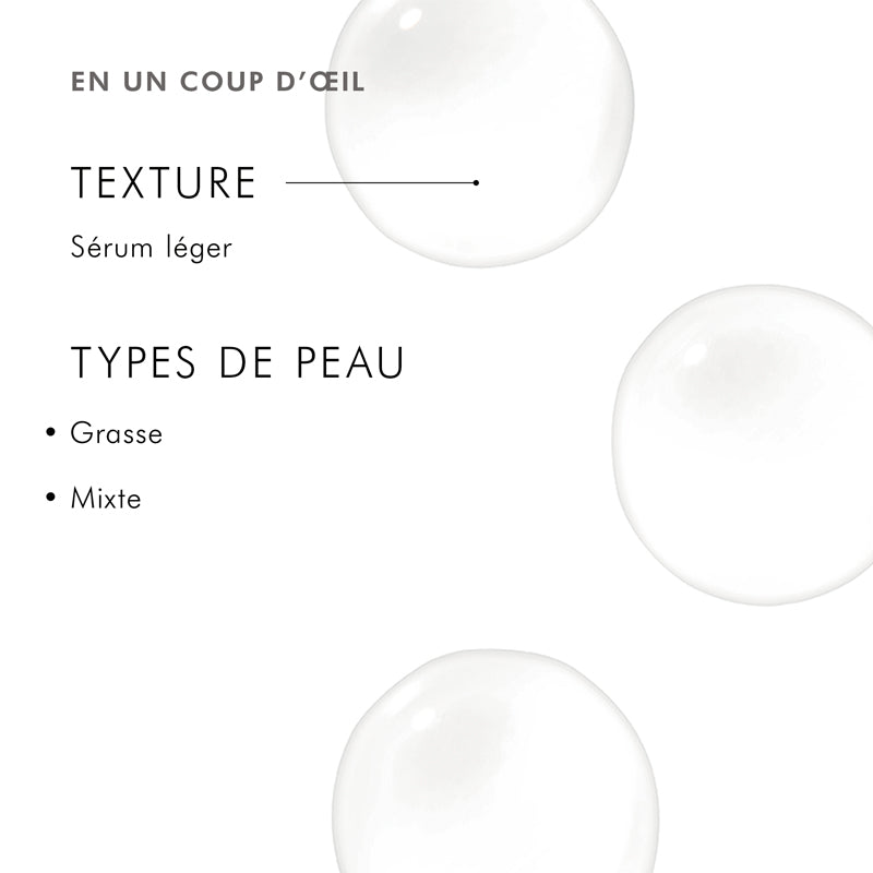SkinCeuticals Blemish + Age Defense, texture and skin types infographic in French