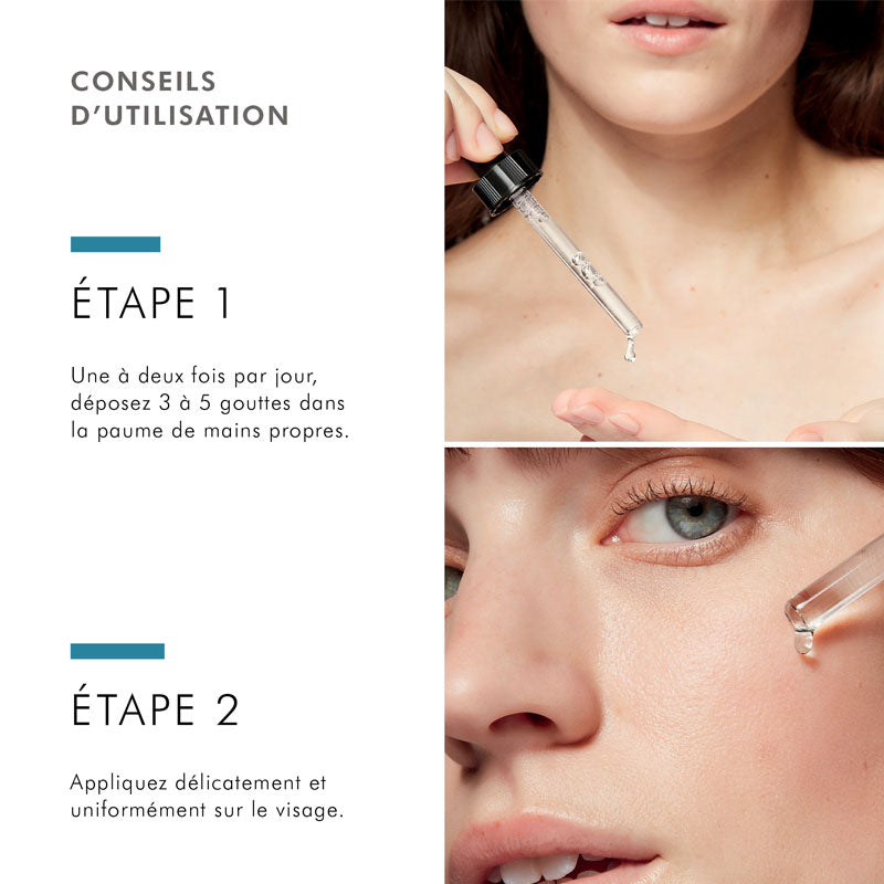 SkinCeuticals Blemish + Age Defense, two-step directions in French with dropper photos
