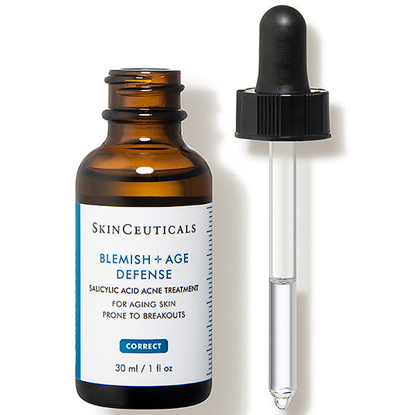 SkinCeuticals Blemish + Age Defense 30ml, open glass bottle with the dropper beside it
