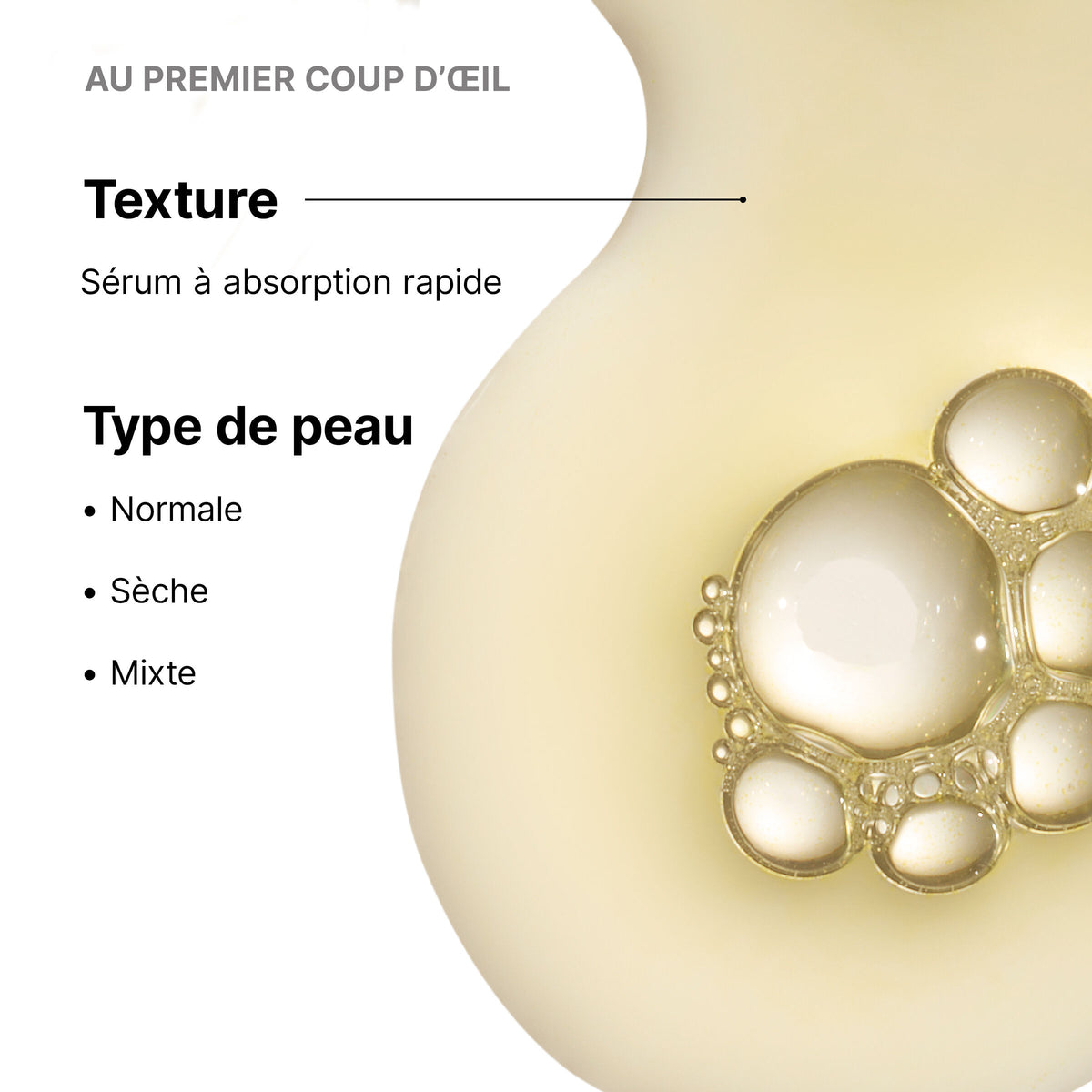 SkinCeuticals C E Ferulic, serum texture swatch with bubbles and skin types in French