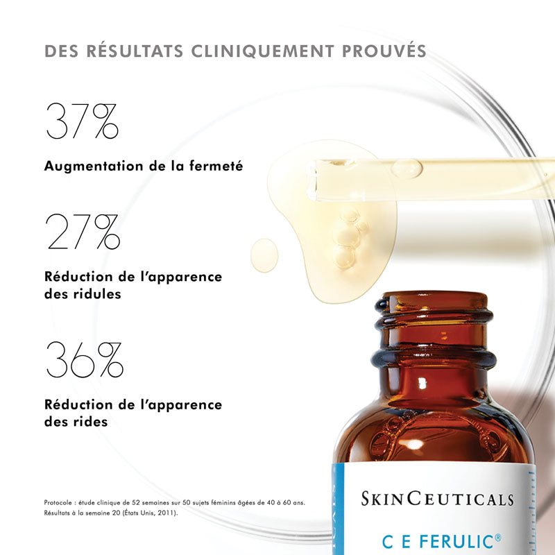 SkinCeuticals C E Ferulic, glass bottle with study results in French
