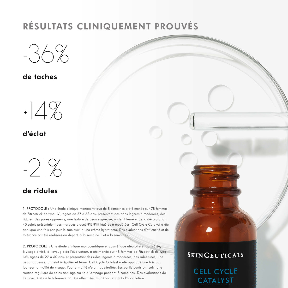 SkinCeuticals Cell Cycle Catalyst, glass bottle with study results in French
