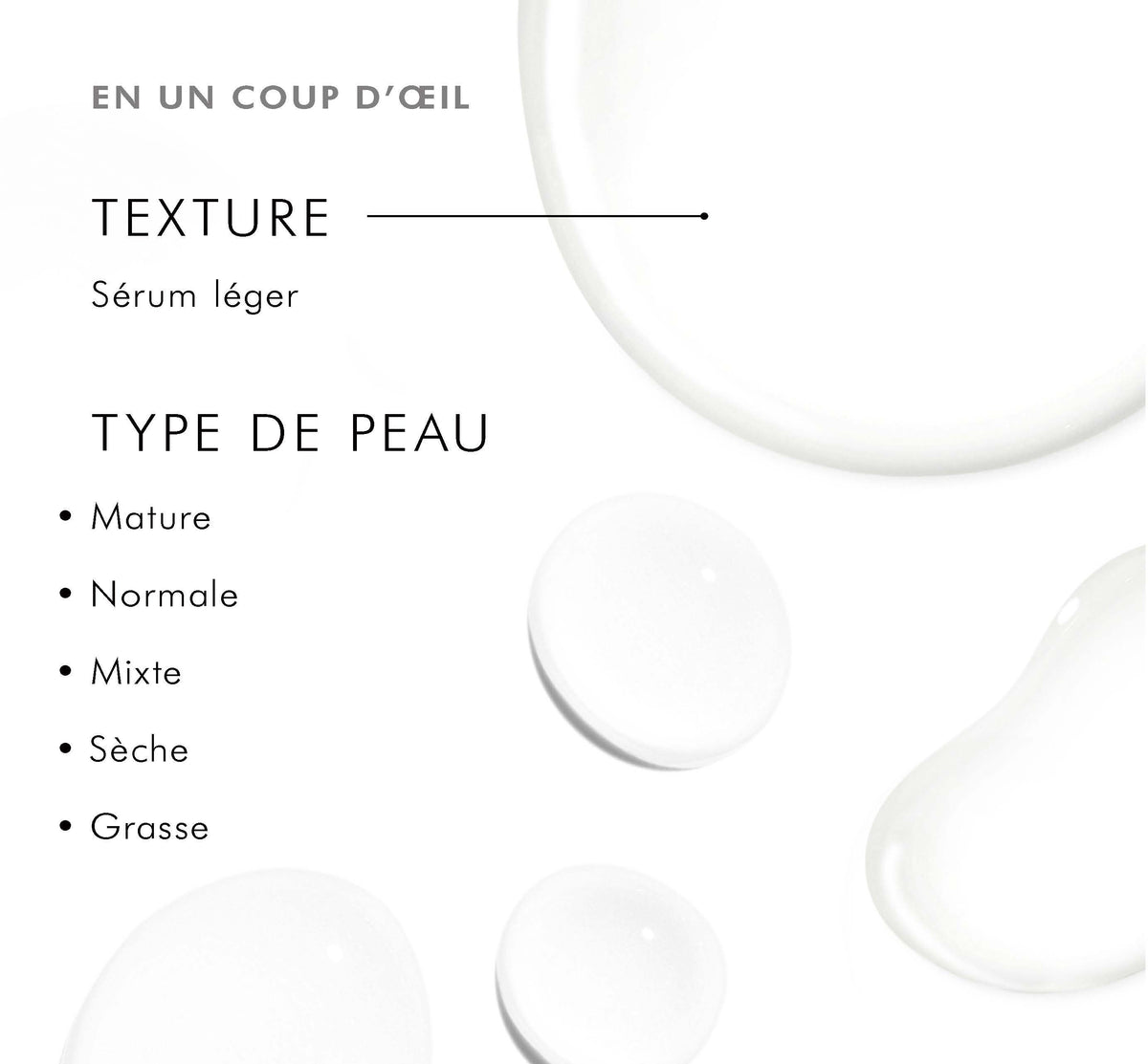 SkinCeuticals Cell Cycle Catalyst, serum texture swatch with skin types in French