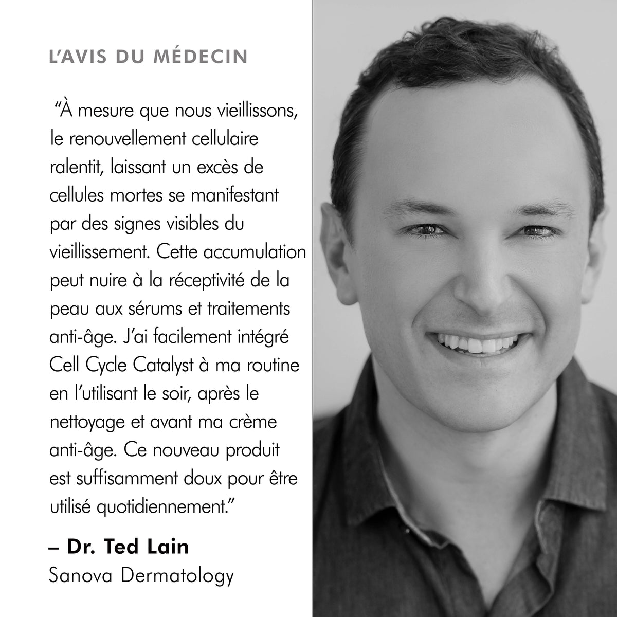 SkinCeuticals Cell Cycle Catalyst, expert quote in French beside a man's portrait