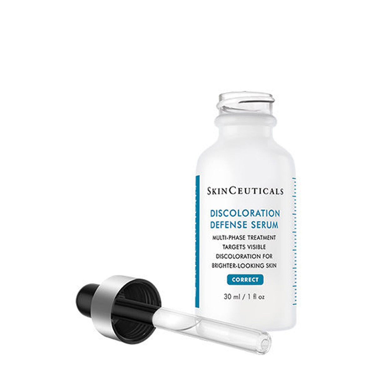 SkinCeuticals Discoloration Defense 30ml, open bottle with the dropper beside it