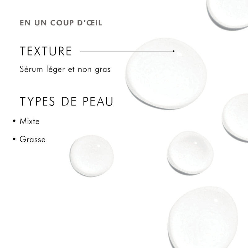 SkinCeuticals Discoloration Defense, serum texture swatch with skin types in French