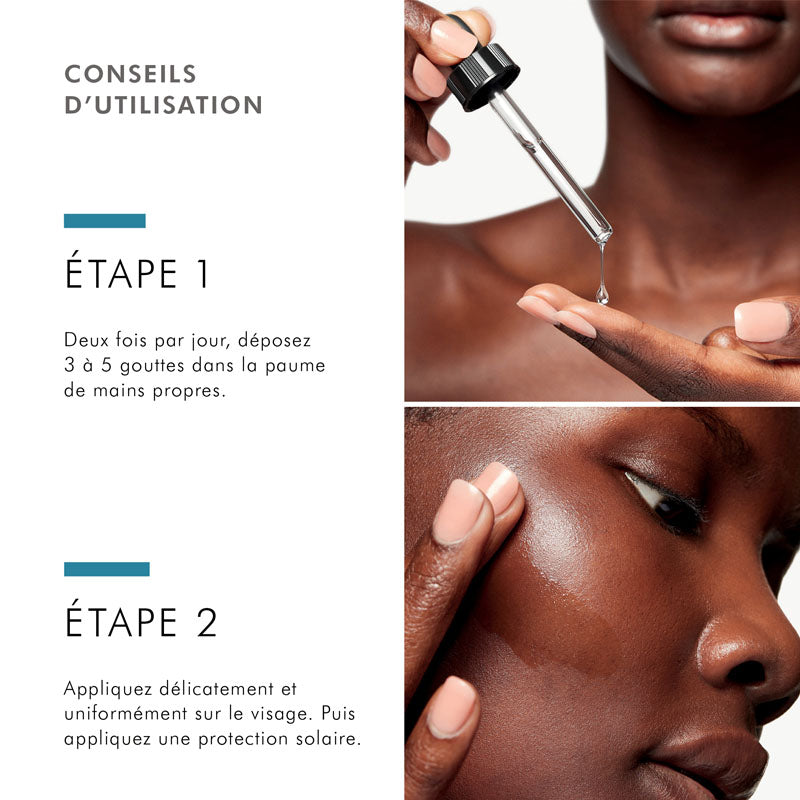 SkinCeuticals Discoloration Defense, two-step directions in French with dropper photos