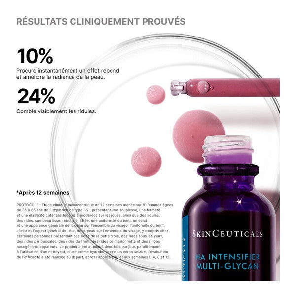 SkinCeuticals HA Intensifier Multi-Glycan, glass bottle with study results in French